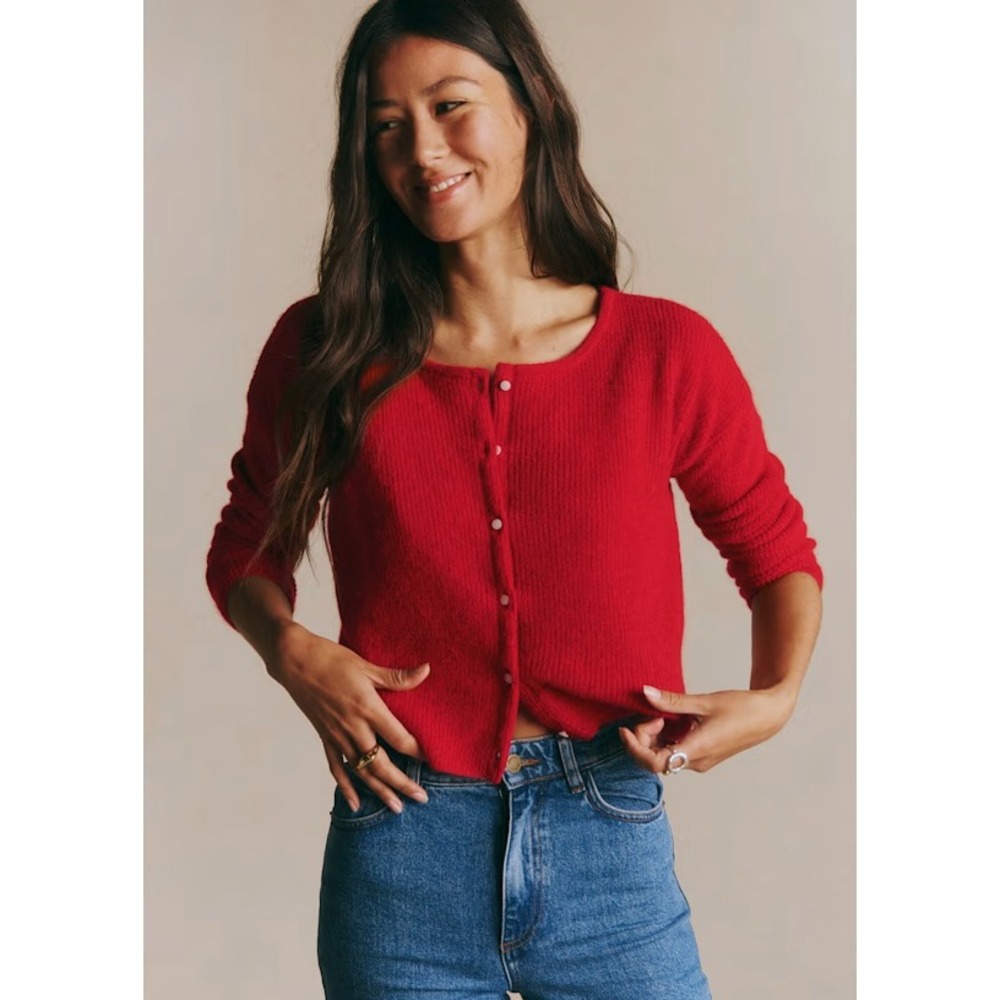 Sezane Gaspard Crop Cardigan Red Mohair Alpaca Knit Sweater Size Small